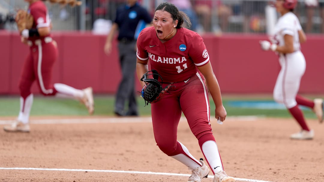 Senior pitcher Kierston Deal celebrates after the final out of an inning during Game 2 of an NCAA super regional against the Alabama Crimson Tide at Love's Field on May 24, 2025 in Norman, Okla.