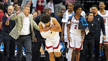 Mar 27, 2025; Newark, NJ, USA; Alabama Crimson Tide guard Mark Sears (1) celebrates after making a three pointer during the second half against the Brigham Young Cougars during an East Regional semifinal of the 2025 NCAA tournament at Prudential Center. Mandatory Credit: Robert Deutsch-Imagn Images
