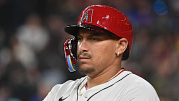 Mar 28, 2025; Phoenix, Arizona, USA;  Arizona Diamondbacks first base Josh Naylor (22) looks on in the third inning against the Chicago Cubs at Chase Field. Mandatory Credit: Matt Kartozian-Imagn Images