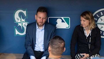 Oct 2, 2022; Seattle, Washington, USA; Justin Hollander, the new Seattle Mariners General Manager is interviewed prior to the game against the Oakland Athletics at T-Mobile Park. Mandatory Credit: Steven Bisig-Imagn Images