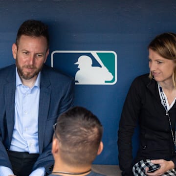 Oct 2, 2022; Seattle, Washington, USA; Justin Hollander, the new Seattle Mariners General Manager is interviewed prior to the game against the Oakland Athletics at T-Mobile Park. Mandatory Credit: Steven Bisig-Imagn Images