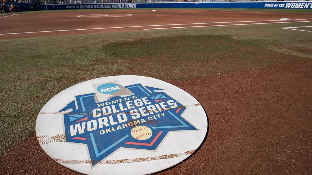 The on-deck circle features the WCWS logo during the NCAA Softball Women's College World Series at Devon Park. Mandatory Credit: Brett Rojo-Imagn Images The on-deck circle features the WCWS logo during the NCAA Softball Women's College World Series at Devon Park. Mandatory Credit: Brett Rojo-Imagn Images