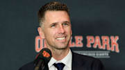 Dec 12, 2024; San Francisco, CA, USA; San Francisco Giants president of baseball operations Buster Posey speaks during the introductory press conference for shortstop Willy Adames (not pictured) at Oracle Park. 