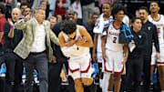 Alabama Crimson Tide guard Sears celebrates after making a three pointer during the second half against the Brigham Young Cougars during an East Regional semifinal of the 2025 NCAA tournament at Prudential Center. 