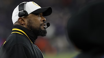 Jan 11, 2025; Baltimore, Maryland, USA; Pittsburgh Steelers head coach Mike Tomlin looks on from the bench against the Baltimore Ravens in an AFC wild card game at M&T Bank Stadium. Mandatory Credit: Geoff Burke-Imagn Images