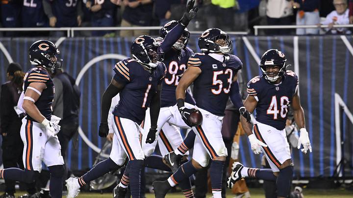 Sep 28, 2026; Chicago, Illinois, USA;  Chicago Bears linebacker T.J. Edwards (53) celebrates with teammates after an interception against the Philadelphia Eagles during the second half at Soldier Field.  Mandatory Credit: Matt Marton-Imagn Images