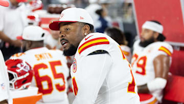 Aug 9, 2025; Glendale, Arizona, USA; Kansas City Chiefs offensive tackle Jawaan Taylor (74) against the Arizona Cardinals during a preseason NFL game at State Farm Stadium. Mandatory Credit: Mark J. Rebilas-Imagn Images