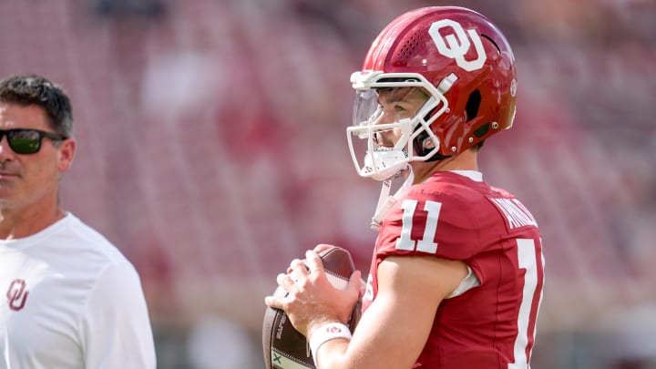 Oklahoma quarterback Jackson Arnold (11) warms up before an NCAA football game between Oklahoma (OU) and Temple at the Gaylord Family Oklahoma Memorial Stadium in Norman, Okla., on Friday, Aug. 30, 2024.