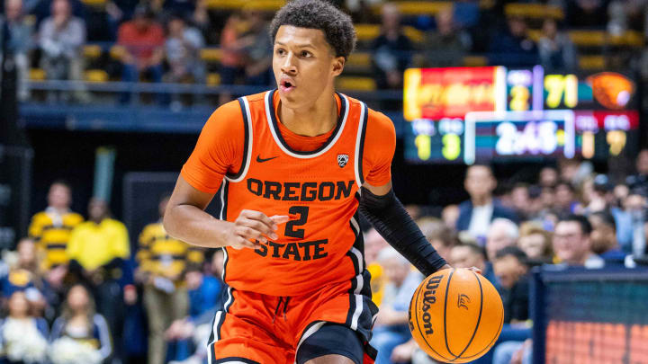 February 22, 2024; Berkeley, California, USA; Oregon State Beavers guard Josiah Lake II (2) dribbles the basketball during the second half against the California Golden Bears at Haas Pavilion. Mandatory Credit: Kyle Terada-USA TODAY Sports