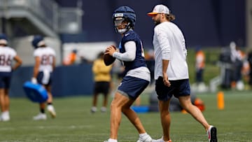 Denver Broncos quarterback Zach Wilson (4) during training camp at Broncos Park Powered by CommonSpirit last summer.
