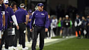 Oct 12, 2024; Boulder, Colorado, USA; Kansas State Wildcats head coach Chris Klieman looks on from the sideline during the first half against the Colorado Buffaloes at Folsom Field. Mandatory Credit: Christopher Hanewinckel-Imagn Images