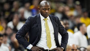 Feb 8, 2025; Columbia, Missouri, USA; Missouri Tigers head coach Dennis Gates reacts during the second half against the Texas A&M Aggies at Mizzou Arena. Mandatory Credit: Jay Biggerstaff-Imagn Images