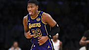 Oct 25, 2024; Los Angeles, California, USA; Los Angeles Lakers forward Rui Hachimura (28) reacts after making a shot against the Phoenix Suns during the second half at Crypto.com Arena. Mandatory Credit: Jonathan Hui-Imagn Images