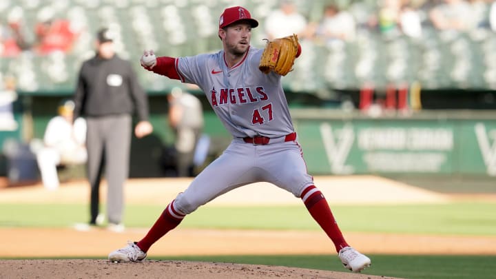 Jul 19, 2024; Oakland, California, USA; Los Angeles Angels pitcher Griffin Canning (47) delivers a pitch against the Oakland Athletics in the first inning at Oakland-Alameda County Coliseum. Mandatory Credit: Cary Edmondson-USA TODAY Sports