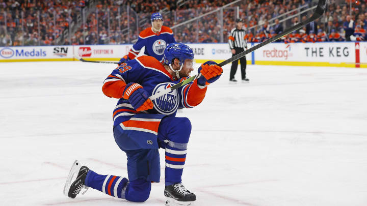 Edmonton Oilers forward Leon Draisaitl (29) scores a goal during the third period against the Vegas Golden Knights at Rogers Place.