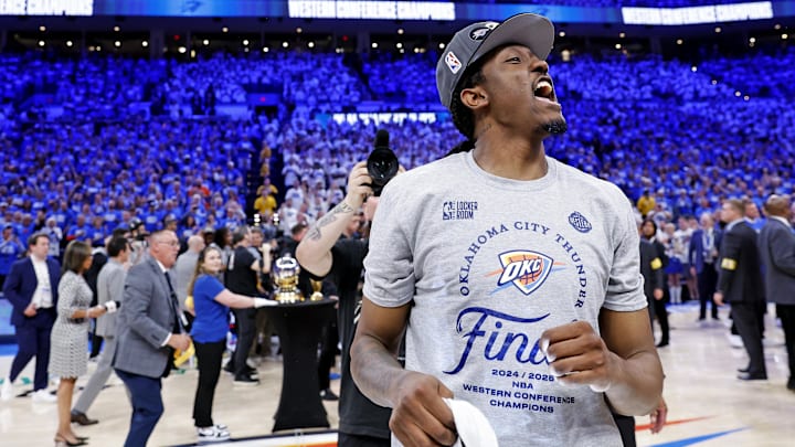 May 28, 2025; Oklahoma City, Oklahoma, USA; Oklahoma City Thunder forward Jalen Williams (8) celebrate after defeating the Minnesota Timberwolves game five to win western conference finals to win the 2025 NBA Playoffs at Paycom Center. Mandatory Credit: Alonzo Adams-Imagn Images May 28, 2025; Oklahoma City, Oklahoma, USA; Oklahoma City Thunder forward Jalen Williams (8) celebrate after defeating the Minnesota Timberwolves game five to win western conference finals to win the 2025 NBA Playoffs at Paycom Center. Mandatory Credit: Alonzo Adams-Imagn Images