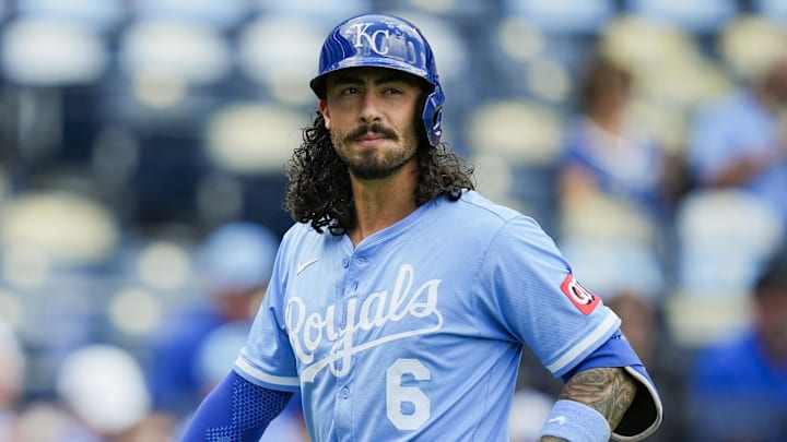 Aug 13, 2025; Kansas City, Missouri, USA; Kansas City Royals designated hitter Jonathan India (6) reacts during the fifth inning against the Washington Nationals at Kauffman Stadium. Mandatory Credit: Jay Biggerstaff-Imagn Images
