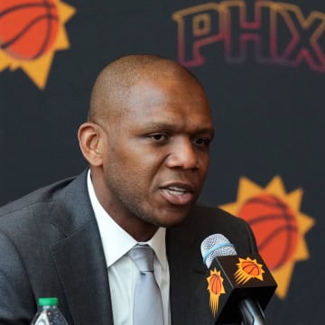 May 17, 2024; Phoenix, AZ, USA; Phoenix Suns General Manager James Jones speaks during a press conference to announce Mike Budenholzer as head coach. Mandatory Credit: Joe Camporeale-USA TODAY Sports