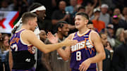 Nov 10, 2025; Phoenix, Arizona, USA; Phoenix Suns guard Grayson Allen (8) celebrates with Collin Gillespie after being pulled from the game after setting the franchise record for three pointers in a game against the New Orleans Pelicans in the second half at the Mortgage Matchup Center. Mandatory Credit: Mark J. Rebilas-Imagn Images