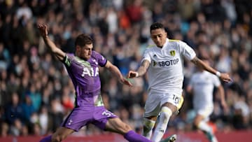 Leeds United v Tottenham Hotspur - Premier League - Raphinha takes on Ben Davies during Spurs' 4-0 victory at Elland Road in February of 2022