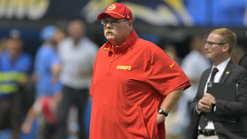 Sep 29, 2024; Inglewood, California, USA;  Kansas City Chiefs head coach Andy Reid looks on prior to the game against the Los Angeles Chargers at SoFi Stadium. Mandatory Credit: Jayne Kamin-Oncea-Imagn Images