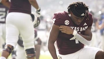 Oct 28, 2023; College Station, Texas, USA; Texas A&M Aggies running back Amari Daniels (4) takes a knee before a game against South Carolina Gamecocks at Kyle Field. Mandatory Credit: Dustin Safranek-Imagn Images