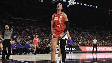 May 30, 2025; Las Vegas, Nevada, USA; Las Vegas Aces center A'ja Wilson (22) reacts to a play against the Los Angeles Sparks in the first quarter of their game at Michelob Ultra Arena. Mandatory Credit: Candice Ward-Imagn Images