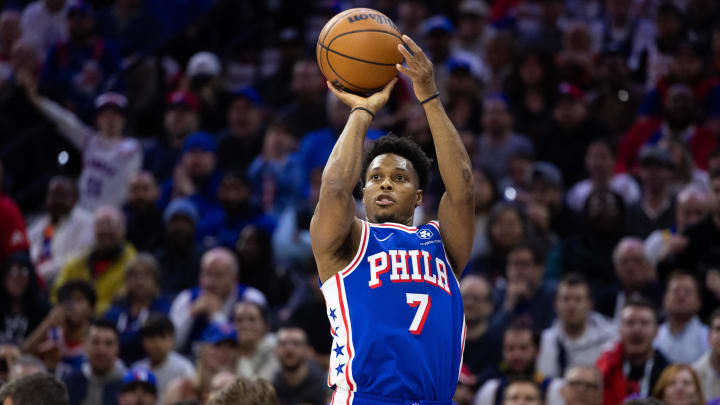 76ers guard Kyle Lowry shoots the ball against the New York Knicks during a playoff game at Wells Fargo Center. 