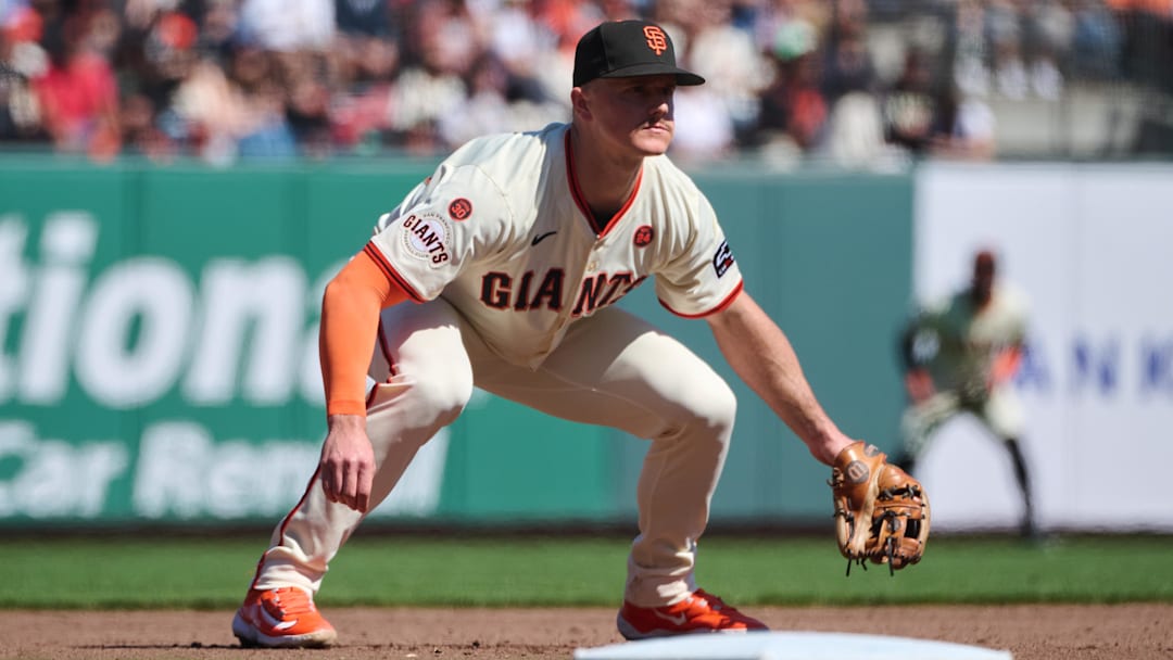 Sep 28, 2024; San Francisco, California, USA; San Francisco Giants third baseman Matt Chapman (26) plays his position against the St. Louis Cardinals during the fourth inning at Oracle Park. 