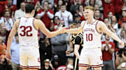 Indiana's Trey Galloway (32) and Luke Goode (10) celebrate against Purdue at Simon Skjodt Assembly Hall. 