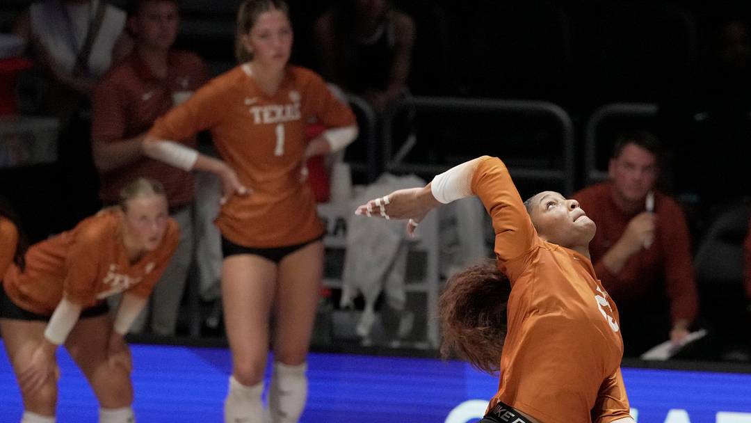 Texas outside hitter Cari Spears (23) serves during their match against Marquette on Monday, August 24, 2026, at Fiserv Forum in Milwaukee, Wisconsin. The match was part of the four-day American Volleyball Association First Serve event. Texas outside hitter Cari Spears (23) serves during their match against Marquette on Monday, August 24, 2026, at Fiserv Forum in Milwaukee, Wisconsin. The match was part of the four-day American Volleyball Association First Serve event.