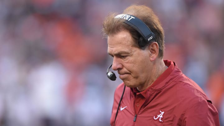 Nov 30, 2019; Auburn, AL, USA; Alabama Crimson Tide head coach Nick Saban reacts during the second quarter against the Auburn Tigers at Jordan-Hare Stadium. Mandatory Credit: John David Mercer-USA TODAY Sports