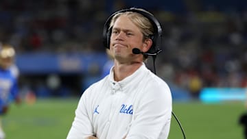 Sep 12, 2025; Pasadena, California, USA;  UCLA Bruins assistant head coach Jerry Neuheisel looks on during the second half against the New Mexico Lobos at Rose Bowl. Mandatory Credit: Kiyoshi Mio-Imagn Images