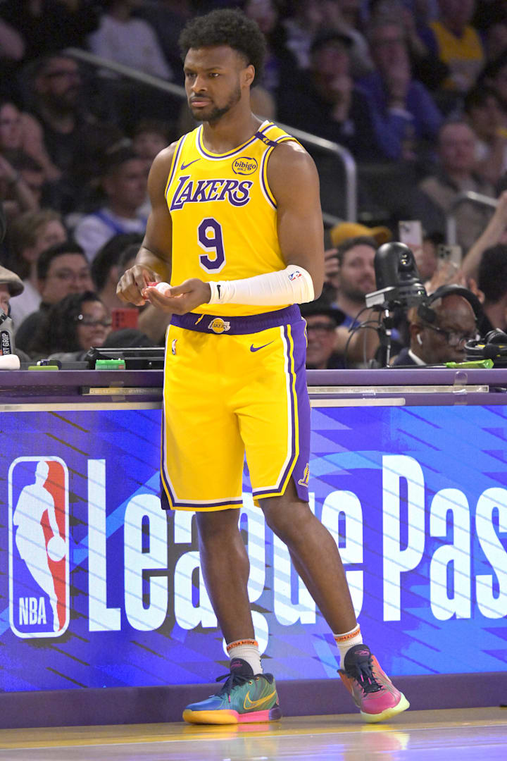 Los Angeles Lakers guard Bronny James enters the game in the second half against the Denver Nuggets. 