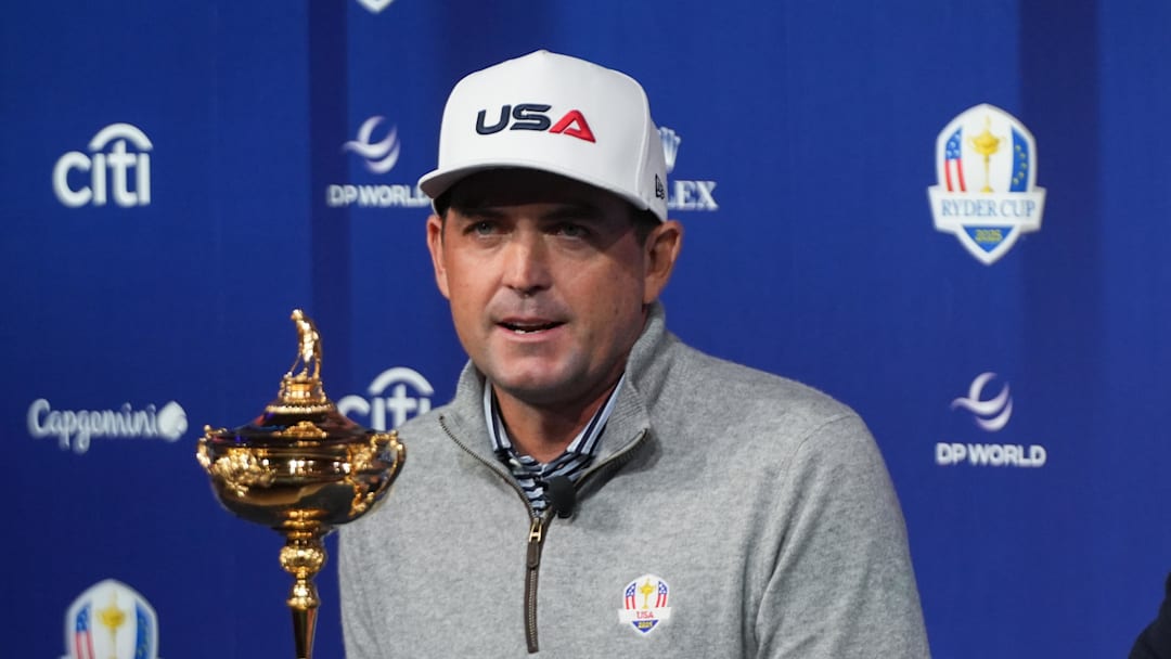 Oct 8, 2024; New York, New York, USA; US team captain Keegan Bradley, left, and Europe team captain Luke Donald speak during a press conference at Times Center. Mandatory Credit: Lucas Boland-Imagn Images