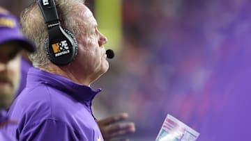 Nov 16, 2024; Gainesville, Florida, USA;LSU Tigers head coach Brian Kelly against the Florida Gators  during the second half at Ben Hill Griffin Stadium. Mandatory Credit: Kim Klement Neitzel-Imagn Images