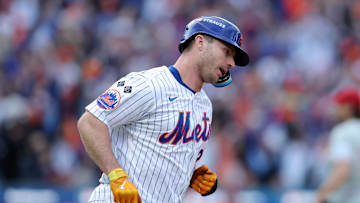 Oct 8, 2024; New York City, New York, USA; New York Mets first baseman Pete Alonso (20) runs after hitting a solo home run in the second inning against the Philadelphia Phillies during game three of the NLDS for the 2024 MLB Playoffs at Citi Field. Mandatory Credit: Brad Penner-Imagn Images