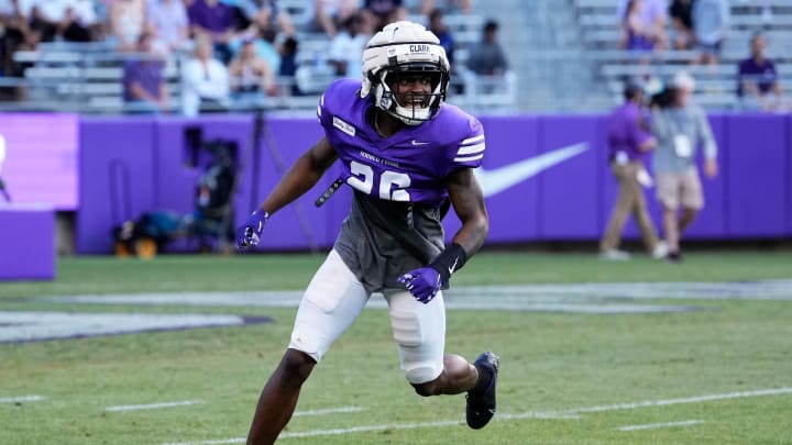 Apr 14, 2023; Fort Worth, TX, USA;  TCU Horned Frogs safety Bud Clark (26) in action during the TCU Spring Game at Amon G. Carter Stadium. Mandatory Credit: Chris Jones-USA TODAY Sports