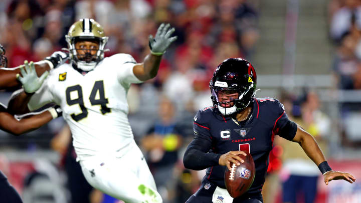 Oct 20, 2022; Glendale, Arizona, USA; Arizona Cardinals quarterback Kyler Murray (1) scrambles away from New Orleans Saints defensive end Cameron Jordan (94) during the fourth quarter at State Farm Stadium. Mandatory Credit: Mark J. Rebilas-USA TODAY Sports