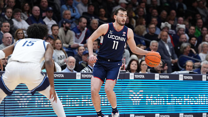Jan 8, 2025; Villanova, Pennsylvania, USA; Connecticut Huskies forward Alex Karaban (11) controls the ball against the Villanova Wildcats in the first half at William B. Finneran Pavilion. Mandatory Credit: Kyle Ross-Imagn Images Jan 8, 2025; Villanova, Pennsylvania, USA; Connecticut Huskies forward Alex Karaban (11) controls the ball against the Villanova Wildcats in the first half at William B. Finneran Pavilion. Mandatory Credit: Kyle Ross-Imagn Images