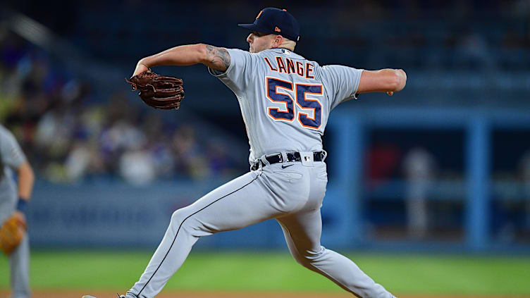 Sep 19, 2023; Los Angeles, California, USA; Detroit Tigers relief pitcher Alex Lange (55) throws