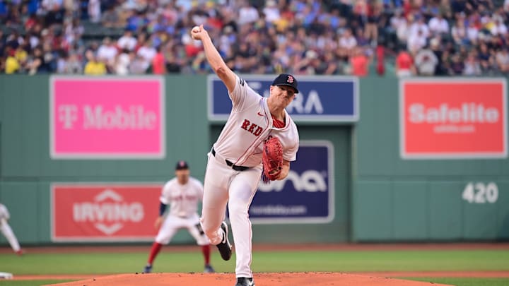 Jul 29, 2024; Boston, Massachusetts, USA; Boston Red Sox starting pitcher Nick Pivetta (37) pitches against the Seattle Mariners during the first inning at Fenway Park. Mandatory Credit: Eric Canha-Imagn Images