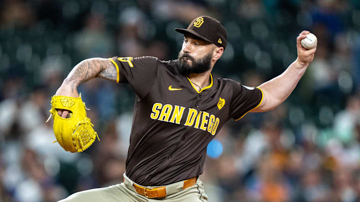 Sep 10, 2024; Seattle, Washington, USA; San Diego Padres reliever Tanner Scott (66) delivers a pitch against the Seattle Mariners at T-Mobile Park. Mandatory Credit: Stephen Brashear-Imagn Images Sep 10, 2024; Seattle, Washington, USA; San Diego Padres reliever Tanner Scott (66) delivers a pitch against the Seattle Mariners at T-Mobile Park. Mandatory Credit: Stephen Brashear-Imagn Images