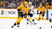 Dec 21, 2024; Nashville, Tennessee, USA;  Nashville Predators left wing Zachary L'Heureux (68) skates with the puck against the Los Angeles Kings during the third period at Bridgestone Arena. Mandatory Credit: Steve Roberts-Imagn Images