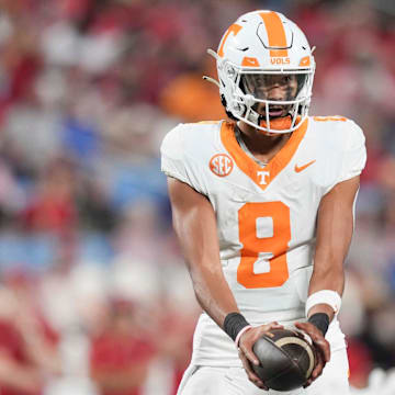 Tennessee quarterback Nico Iamaleava (8) looks to pass at the NCAA College football game between Tennessee and NC State on Saturday, Sept. 7, 2024 in Charlotte, NC.