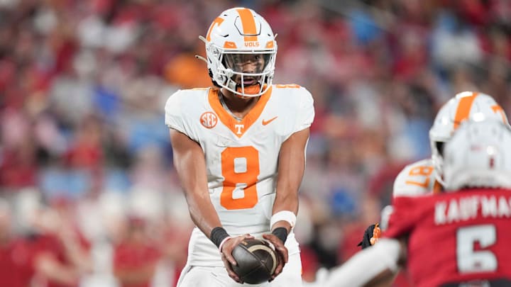 Tennessee quarterback Nico Iamaleava (8) looks to pass at the NCAA College football game between Tennessee and NC State on Saturday, Sept. 7, 2024 in Charlotte, NC.