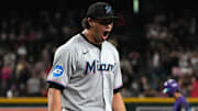 Jun 27, 2025; Phoenix, Arizona, USA; Miami Marlins pitcher Tyler Phillips (30) reacts after defeating the Arizona Diamondbacks at Chase Field. Mandatory Credit: Rick Scuteri-Imagn Images