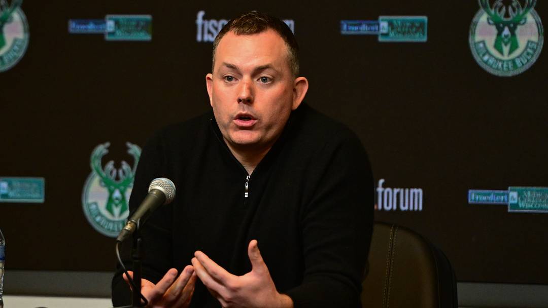 Jan 24, 2024; Milwaukee, Wisconsin, USA; Milwaukee Bucks general manager Jon Horst address the media after head coach Adrian Griffin (not pictured) was dismissed at Fiserv Forum. Mandatory Credit: Benny Sieu-USA TODAY Sports Jan 24, 2024; Milwaukee, Wisconsin, USA; Milwaukee Bucks general manager Jon Horst address the media after head coach Adrian Griffin (not pictured) was dismissed at Fiserv Forum. Mandatory Credit: Benny Sieu-USA TODAY Sports