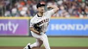 Sep 19, 2024; Houston, Texas, USA;  Houston Astros starting pitcher Yusei Kikuchi (16) pitches against the Los Angeles Angels in the third inning at Minute Maid Park. Mandatory Credit: Thomas Shea-Imagn Images