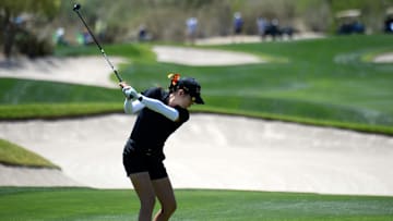 May 22, 2021; Scottsdale, Arizona, USA; LSU Tigers golfer Kendall Griffin hits on the 18th fairway during the NCAA Women's Golf Championship at Grayhawk Golf Club. Mandatory Credit: Joe Camporeale-Imagn Images